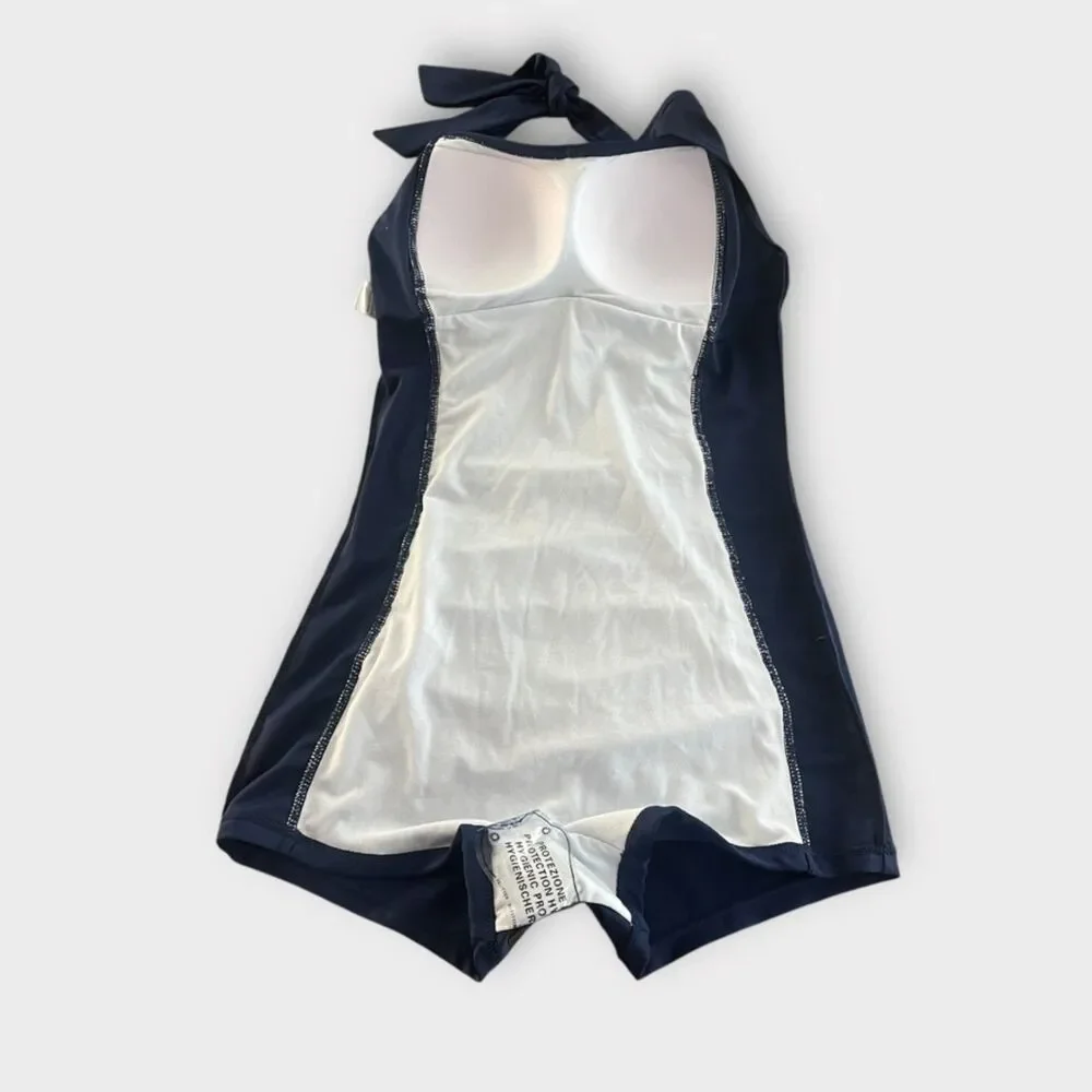 Vintage Inspired Halter One Piece Swimsuit Blue Ruched Retro Style Size M - Picture 4 of 7